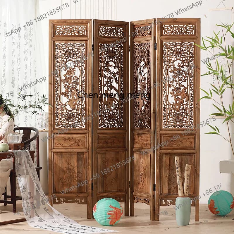 Solid wood folding mobile screen old antique hollow carved camphor wood partition retro