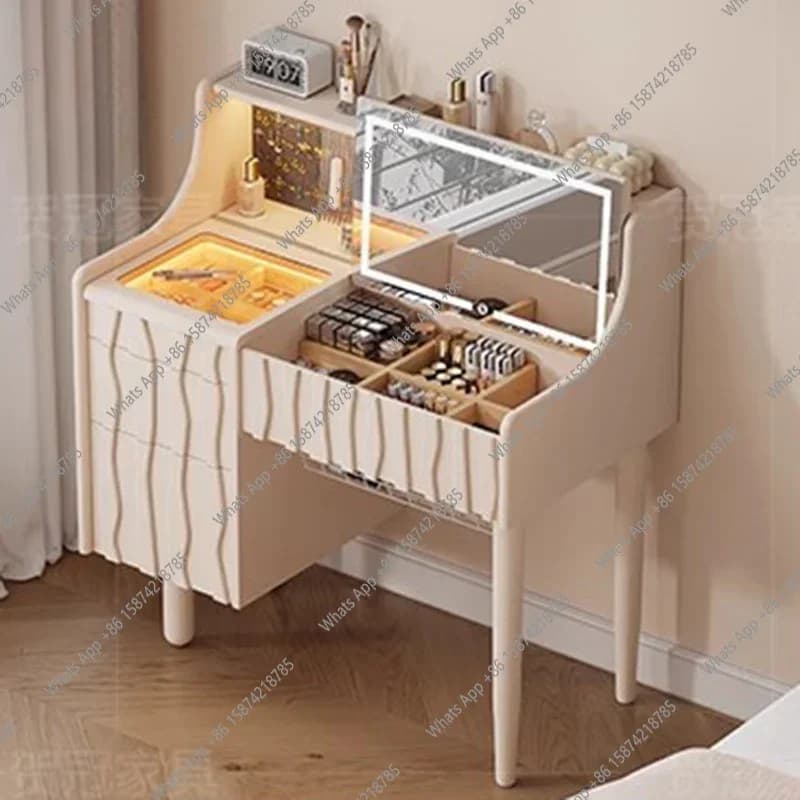 SS White Bedroom Vanity Table Makeup Mirror Desk Chair Storage Dressing Table Drawers Mobile Tall Penteadeira Chinese Furniture