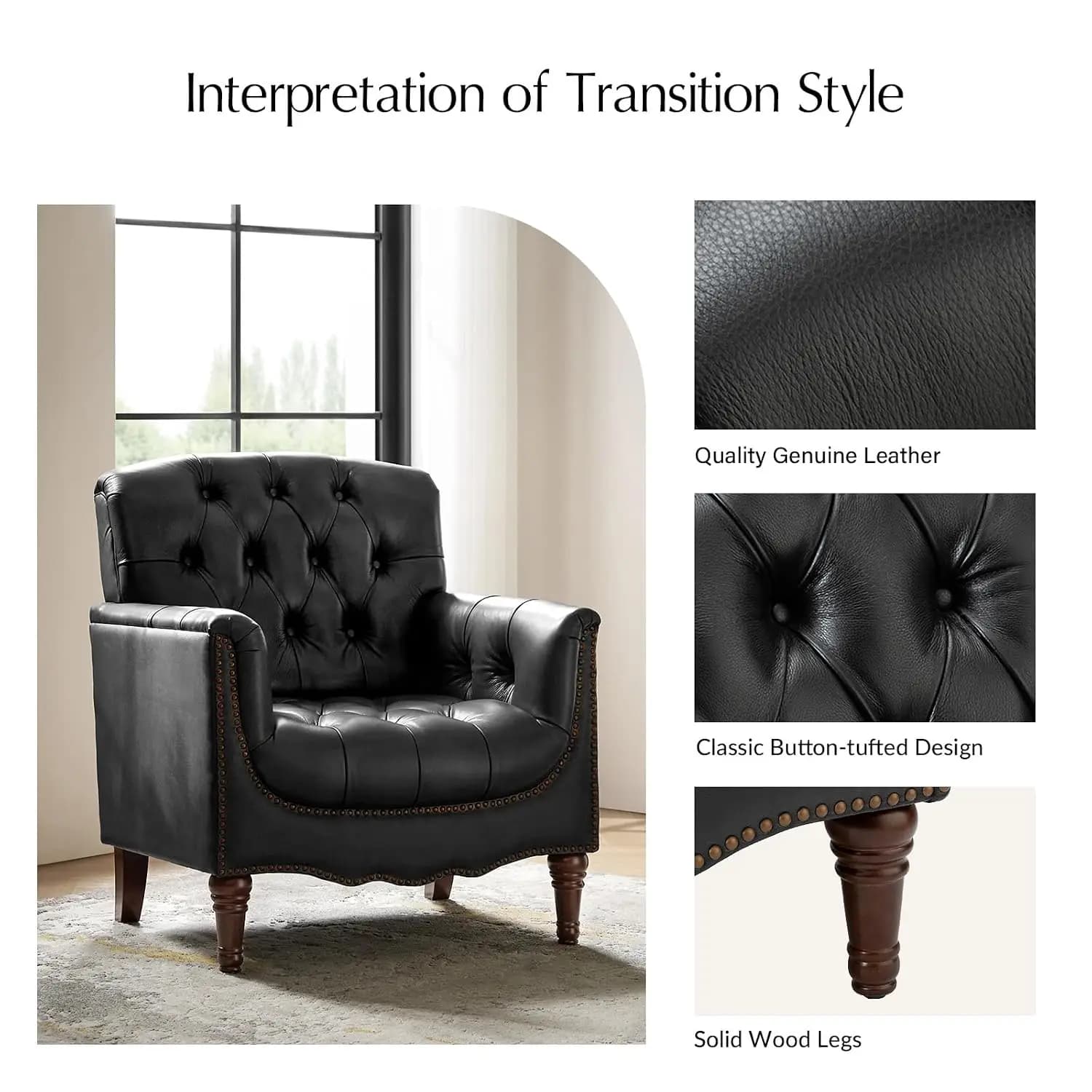 Mid Century Modern Genuine Leather Accent Chair Set of 2, Black