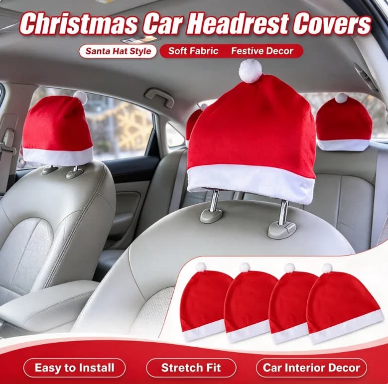 Christmas Santa Hat Car Seat Headrest Cover Protective Decoration For Auto SUV Truck Van Interior Accessories