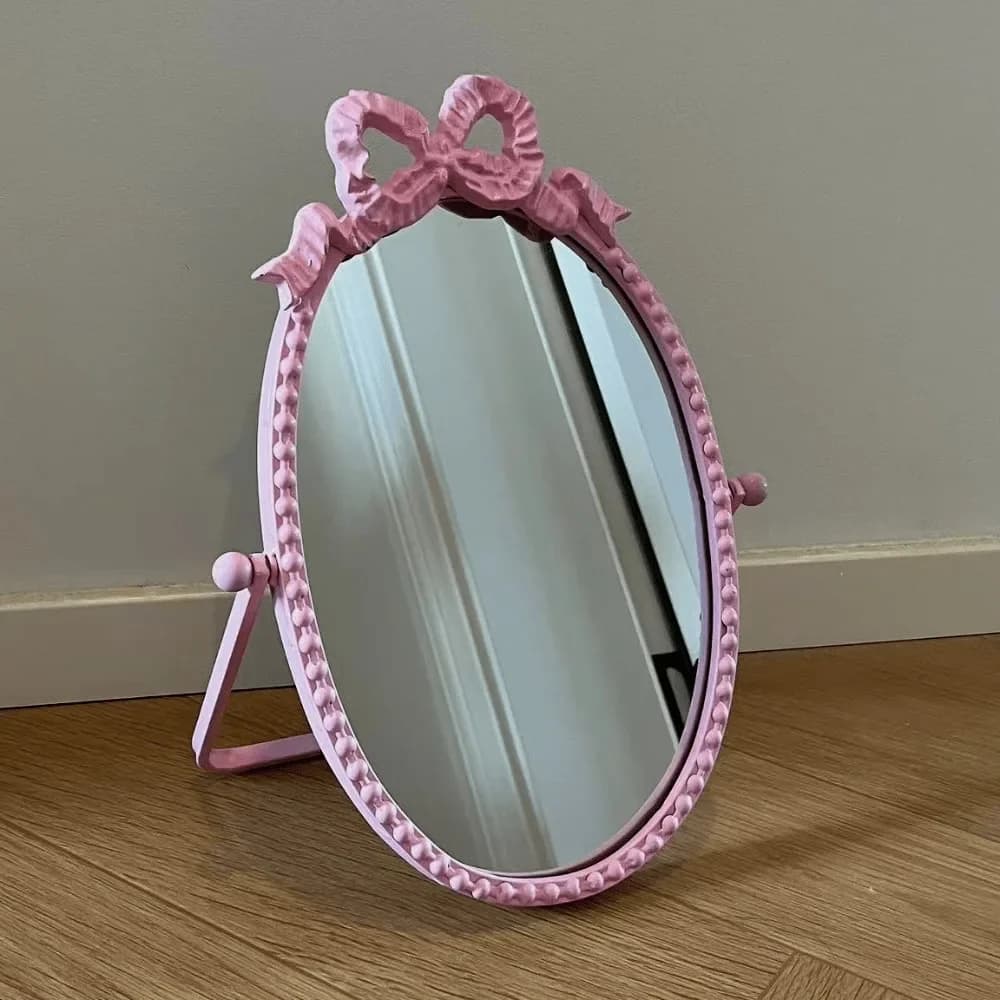 Fold Bow Mirror Room Decorations Oval Tabletop Mirror Vanity Mirror with Stand for Bedroom Dressing Room Makeup Desk Decorations