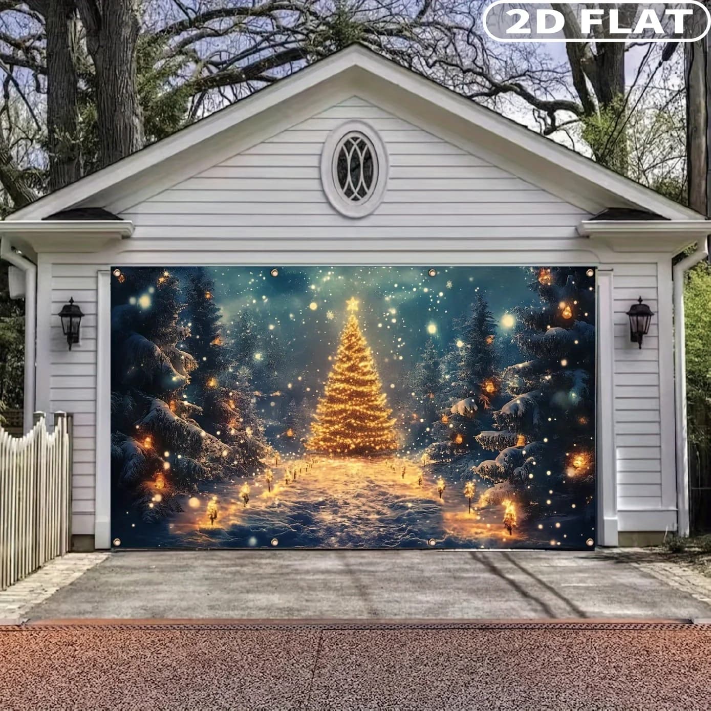 1pc Large Self-Lit Winter Wonderland Garage Door Banner, Festive Backdrops & Banners- Illuminated Christmas Tree & Snowy Design