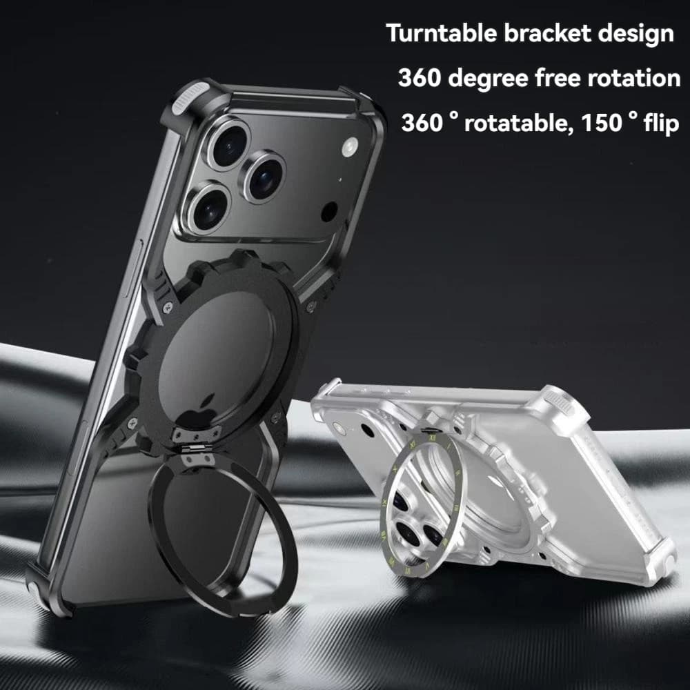 Detachable Metal Frameless Phone Case for iPhone 17 16 Plus 15 14 Plus 13 Pro Max with Magnetic Rotating Bracket