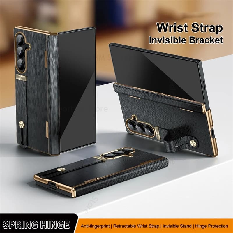 Hinged Plating Case For Samsung Galaxy Z Fold7 5G Wrist Hand Strap Book Stand Cover For Samsung Z Fold 7 6 5 4 with Screen Film