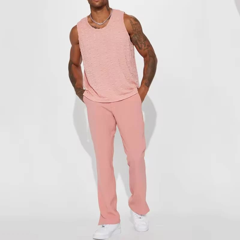 Mens Suits Sleeveless U-neck Vest Design Solid Color Sports and Casual Top Sets for Men