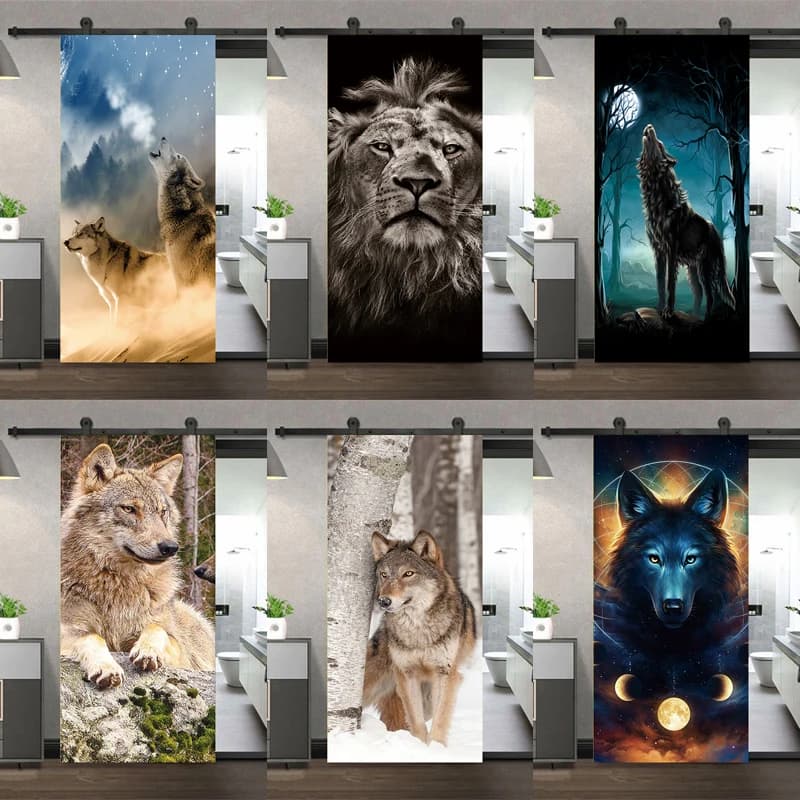 3D Entry Wardrobe Door Sticker Black Labrador Puppy Male lion Wolf Vinyl Waterproof Self-Adhesive Door Mural Decal Home Decor