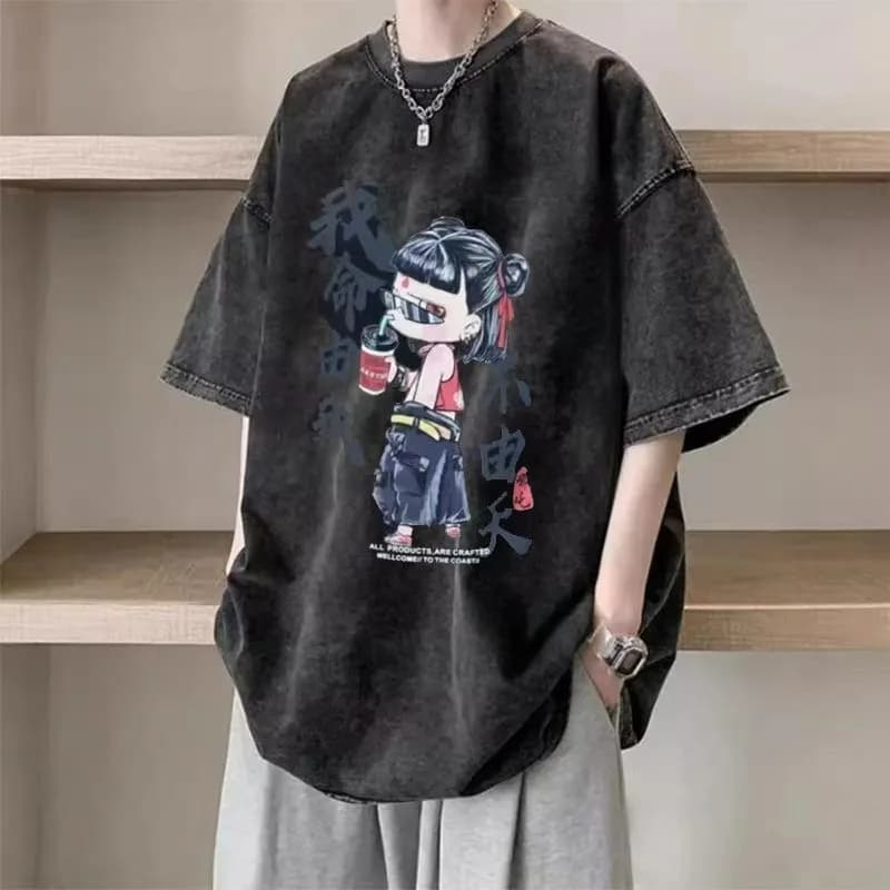 Washed and Aged Loose Pure Cotton Short-sleeved T-shirt for Men and Women American Retro Trend Half-sleeved Top T-shirt Fashion
