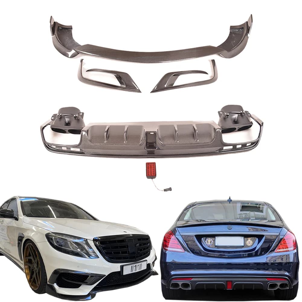 For S Class W222 Genuine S63 S65 B700 Style Body Kit 2014Y~2017Y Carbon Fiber Front Lip Fog Light Covers Rear Diffuser with Tips