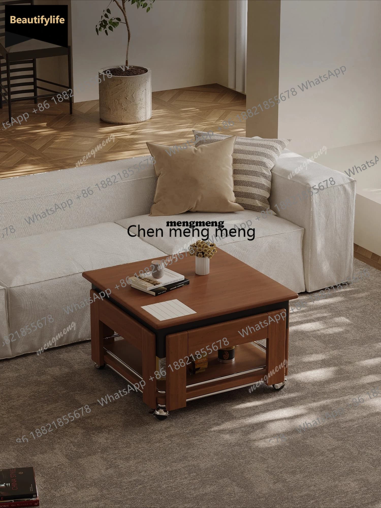 D80 wood coffee table movable lifting square solid wood retro living room household small apartment medieval trolley side table