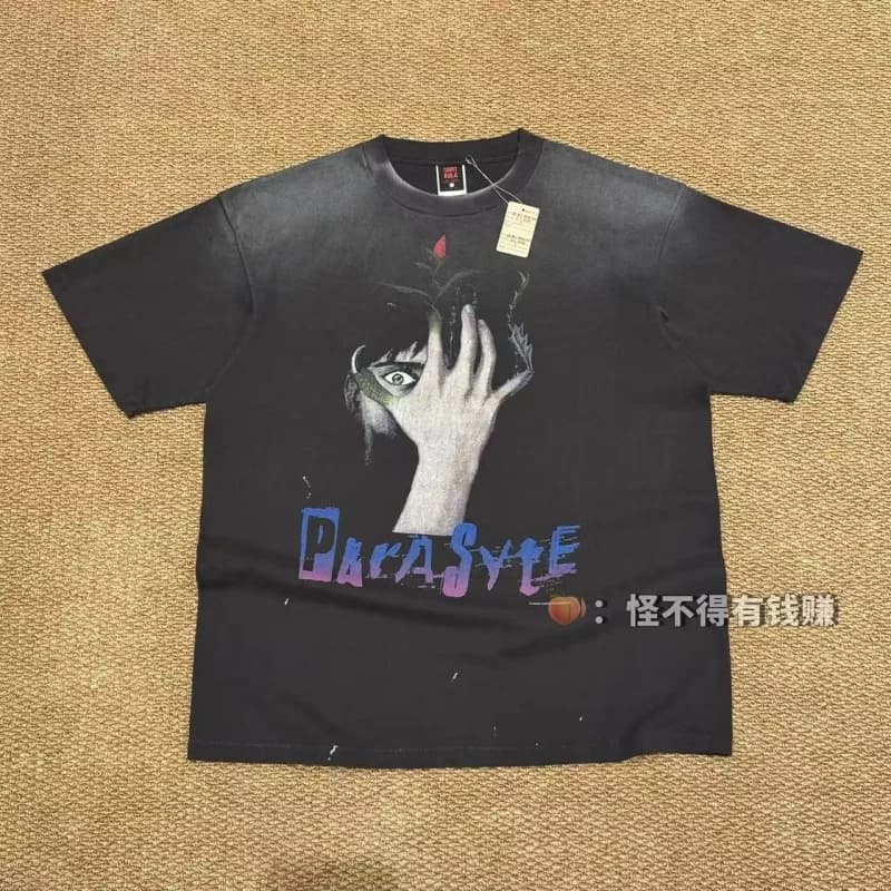 Authentic SAINT Comic Tee Summer Men's Women's Distressed Round Neck Gradient Loose-Fit Casual Top
