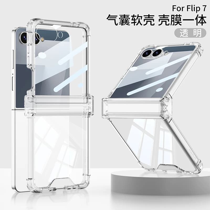 For Samsung Galaxy Z Flip 7 Case Transparent Silicone Folding Hinge Four Corner Anti Drop Protection Hard Cover with Mirror Film