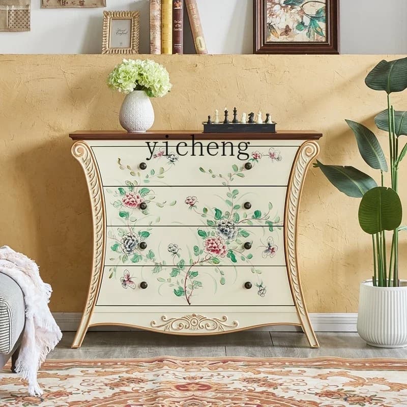 YFY rural solid wood porch cabinet retro living room locker painted solid wood four-bucket cabinet against the wall