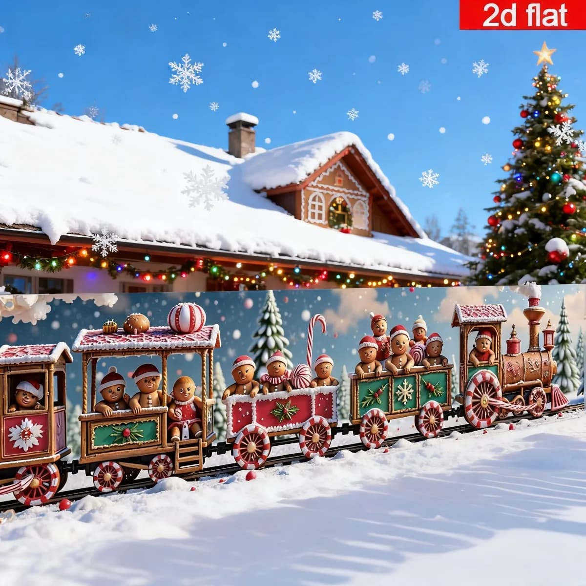 2D FLAT 1 PC Large Merry Christmas Gingerbread Train Party Photo Booth Props Banner - Outdoor/ Yard Decor With Candy Cane