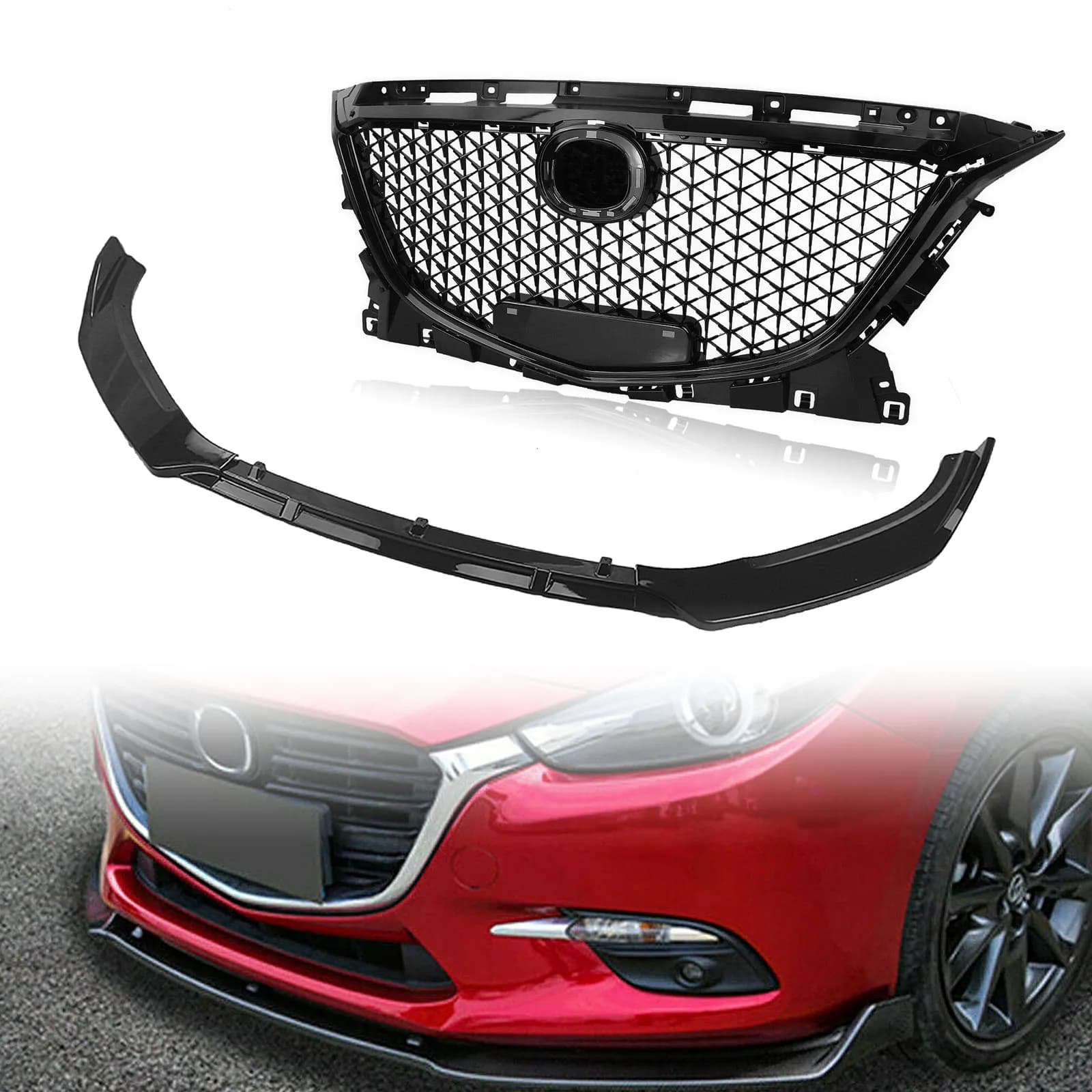 Car Front Grille Grill & Lower Spoiler Bumper Lip Splitter Blade For Mazda 3 Axela 2014 2015 2016