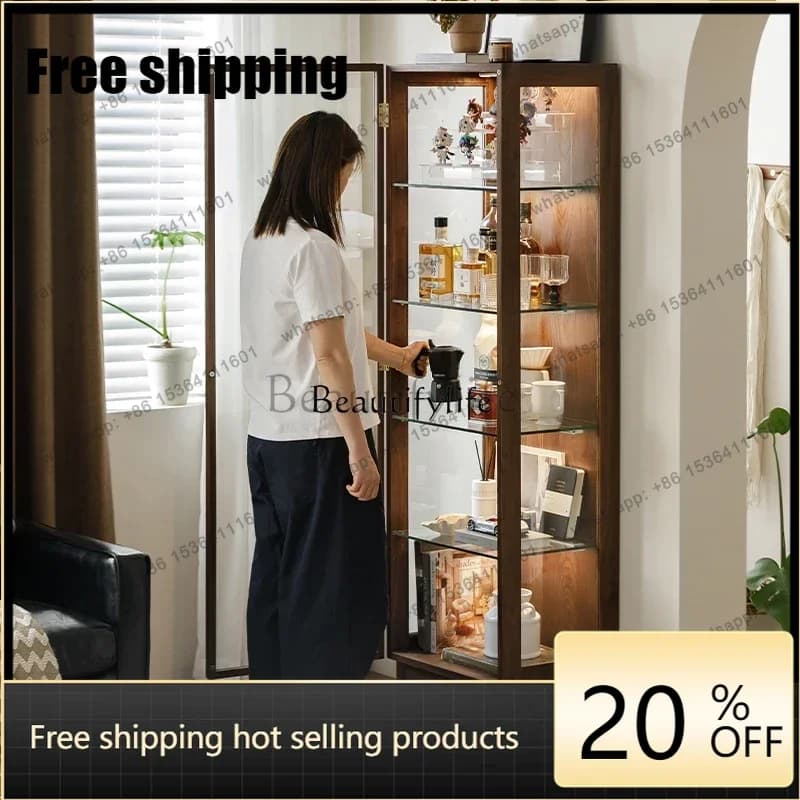 JJ North American Black Walnut Display Cabinet Full Solid Wood Glass Living Room Storage Cabinet