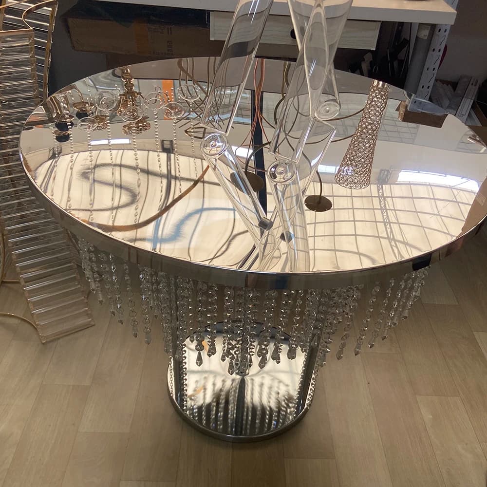 Modern Silver Crystal Pendant Glass Cake Table Metal Stainless Steel Round Wedding Cake Stand For Event