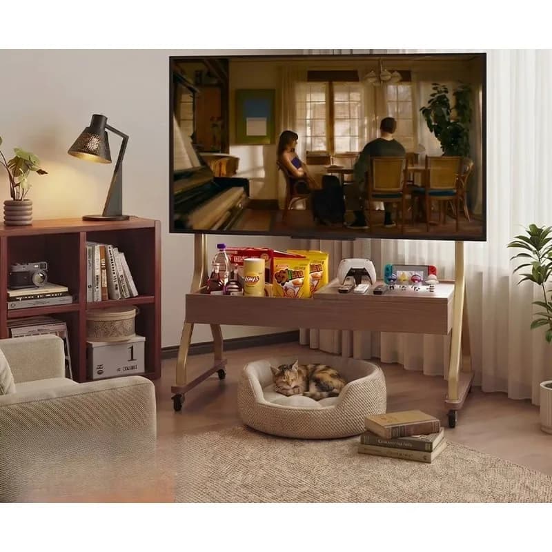 Solid Wood Movable Bracket Living Room Home Floor With Wheel Storage TV CabinetX14