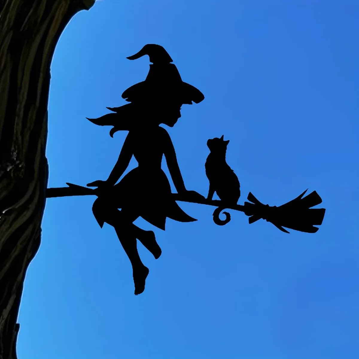 Enchanting Witch & Cat Garden Decoration - Durable Iron Art with Flying Broomstick, for Halloween & Outdoor Garden Decoration