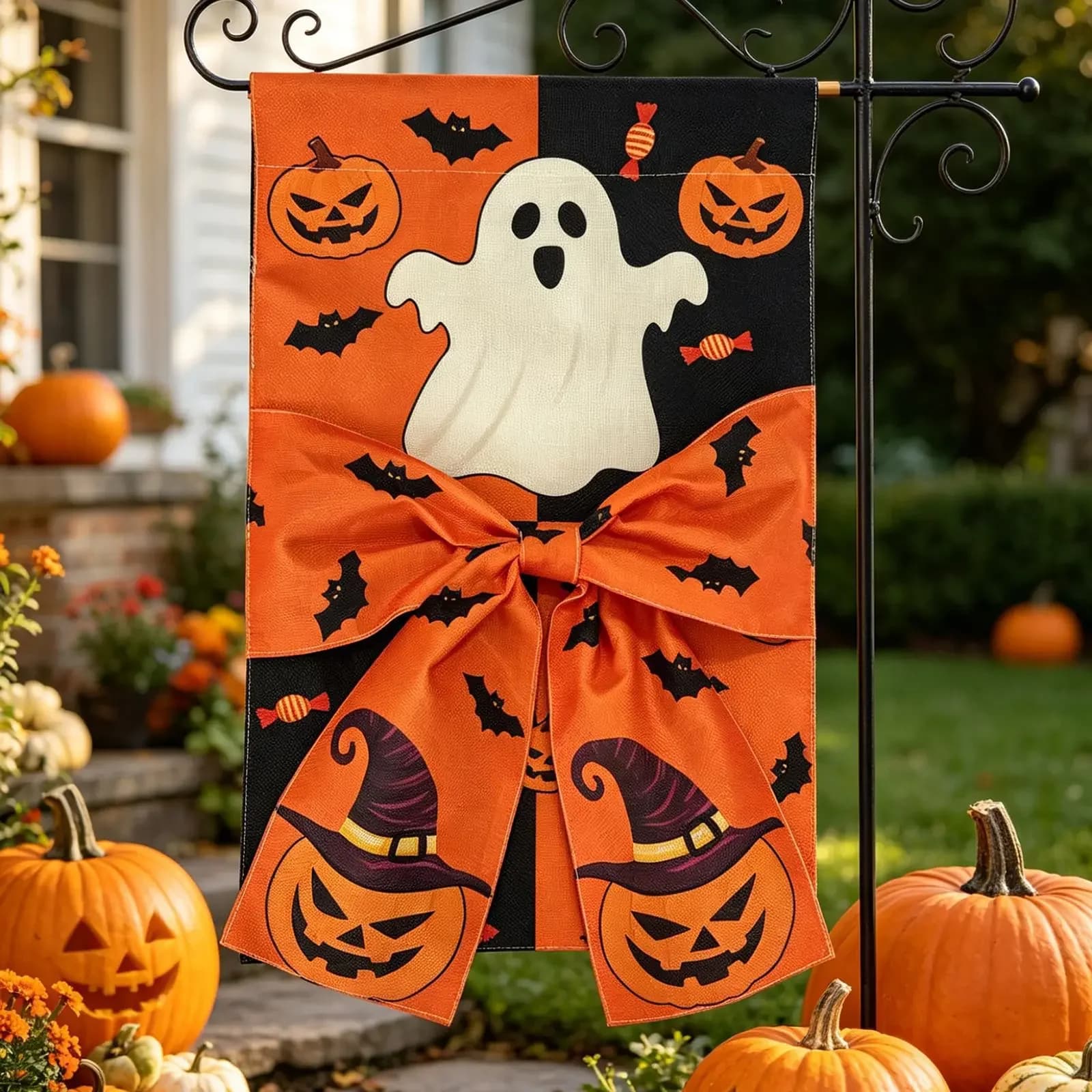 2PCS Halloween Garden Runner Digital Printing Double-Sided Linen Fabric Bow Decorative Courtyard Runner