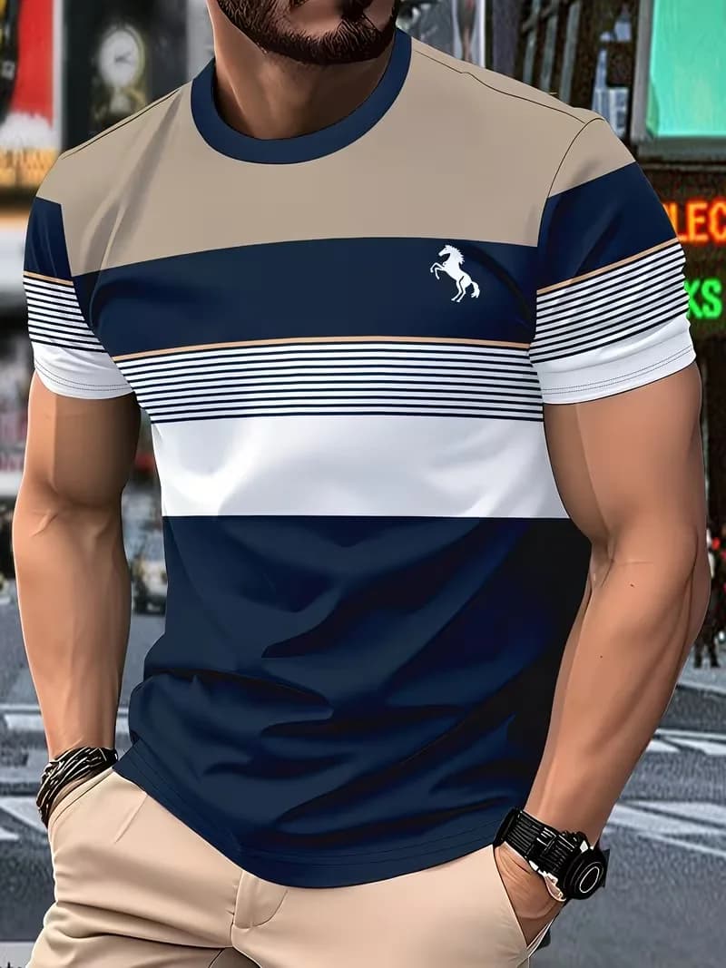 Men's Stripe Short Sleeved T-Shirt Fashion Lightweight Breathable Sports Pullover Daily Casual Shirt Street Loose Men's Clothing