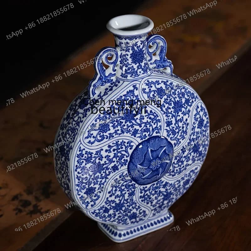 xx1Blue and white twisted branches binaural Jingdezhen ceramic flower arrangement Chinese antique decorative ornament