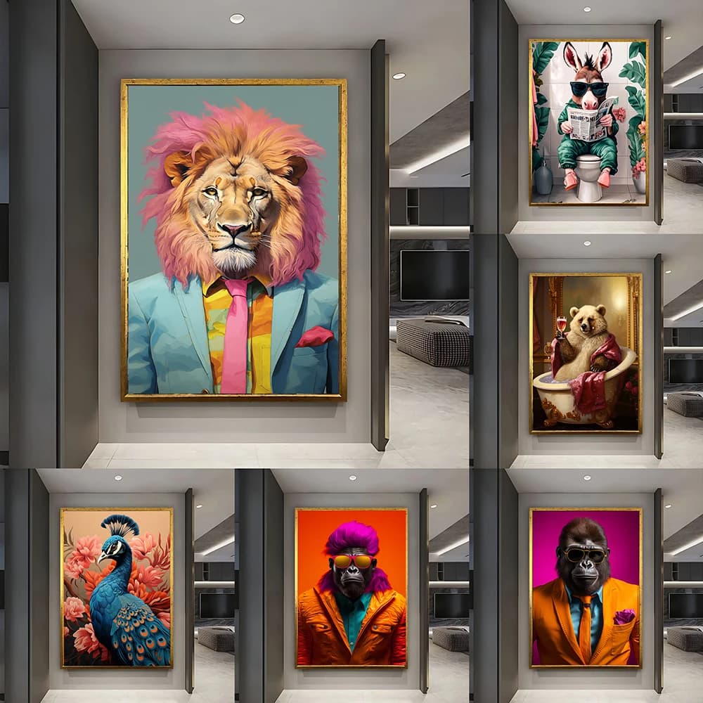 Funny Beer Drinking Bear Poster Lion Wearing Suit Portrait Canvas Painting Modern Monkey Donkey Wall Art Living Room Home Decor