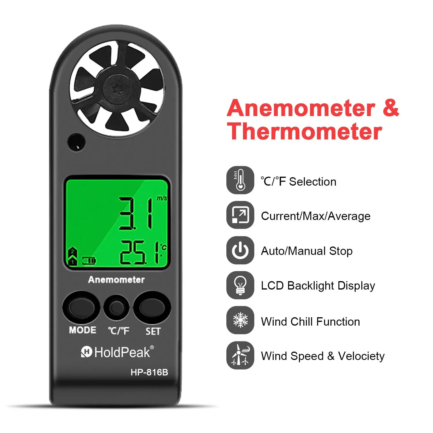 Generic Handheld Digital Anemometer 816B LCD Backlight Wind Speed Temperature Meter Multi‑Unit for HVAC Sailing Outdoor Test