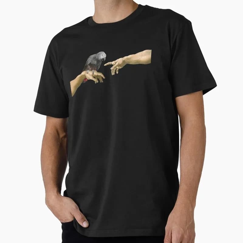 Creation of an African Grey Parrot - Michelangelo parody Funny Parrot Gift T-shirt for Birds Lover Short Sleeve Graphic Clothes
