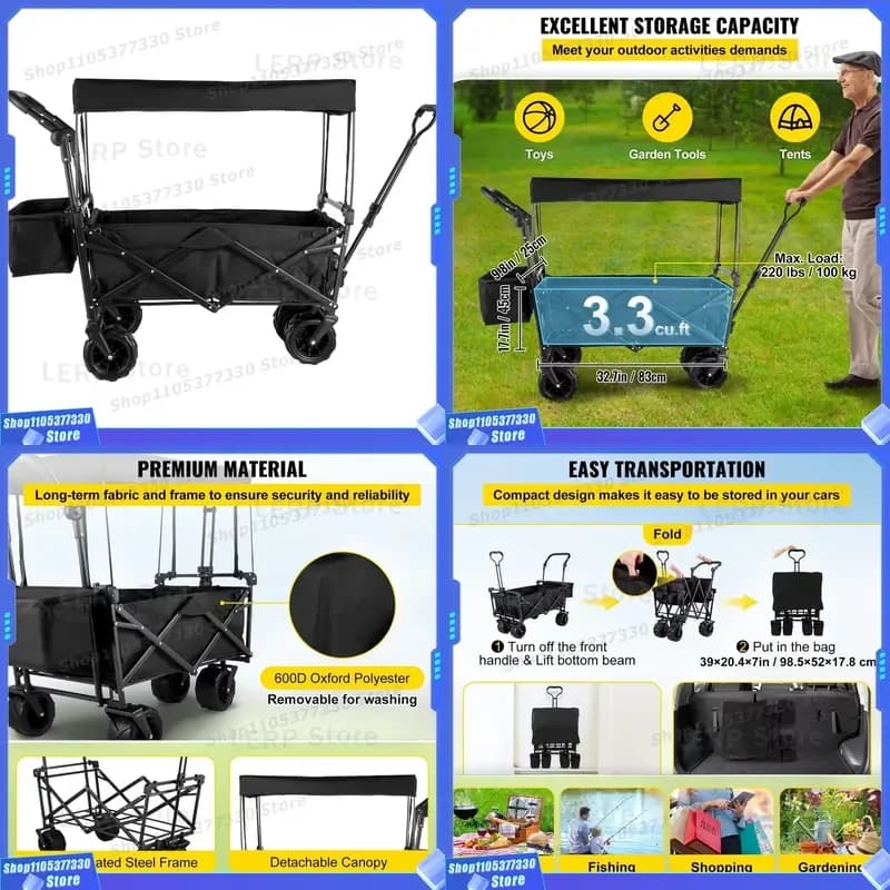 Outdoor Camping Foldable Utility Wagon With Canopy And Cup Holder Portable Beach Cart For Travel Picnic Portable Folding