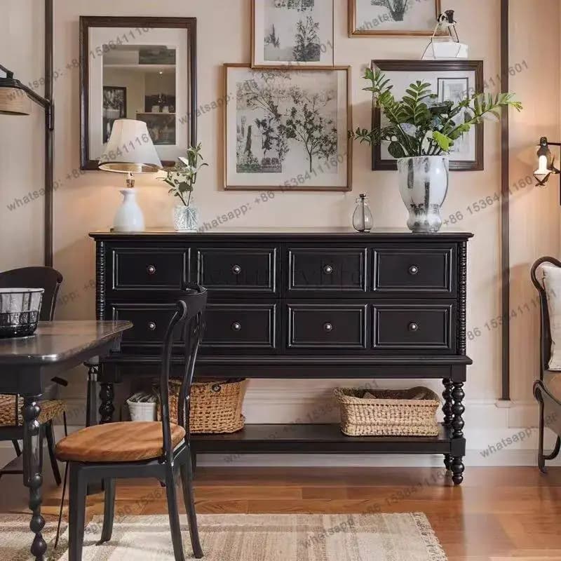 Customization French Black Solid Wood Entrance Cabinet Vintage Living Room Aisle Vintage Style Chest Of Drawers