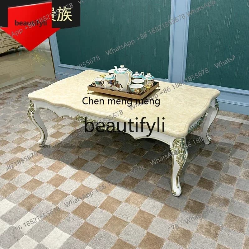 B32 French solid wood large coffee table, European living room marble tea table small apartment tea table neoclassical carving