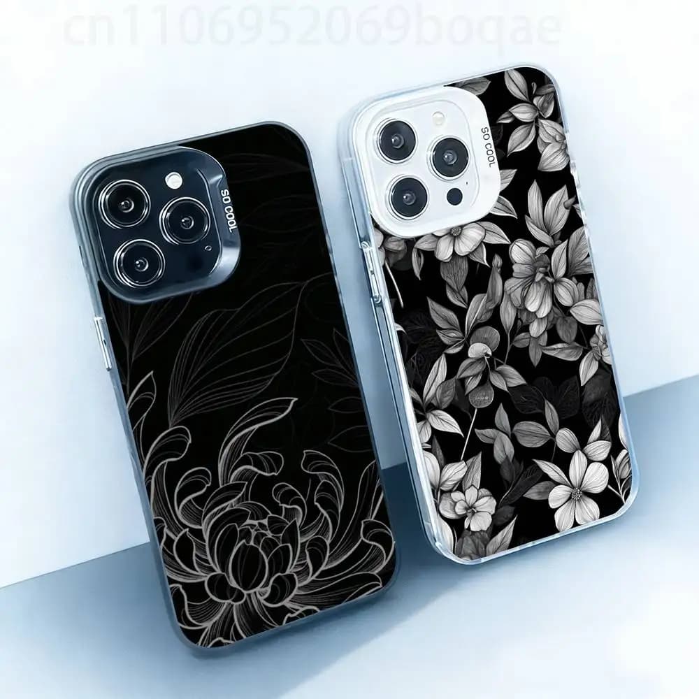 Gothic Black-and-White Floral Art Case for iPhone17 16 15 14 13 12 11 Pro Max Plus Air X XR XS Max Hard Shockproof Bumper Cover