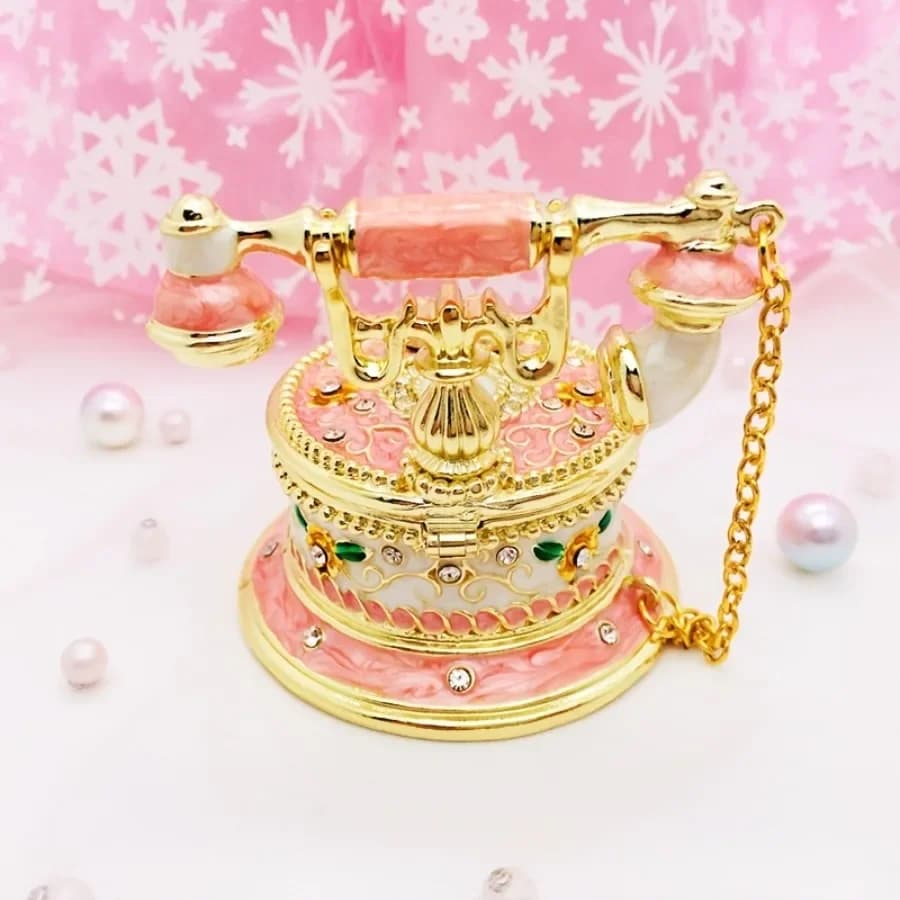 Antique Style Telephone Jewelry Box Enamel Metal Shell Receiver Lid Ring Holder Earring Hooks Vintage Vanity Organizer Gifts