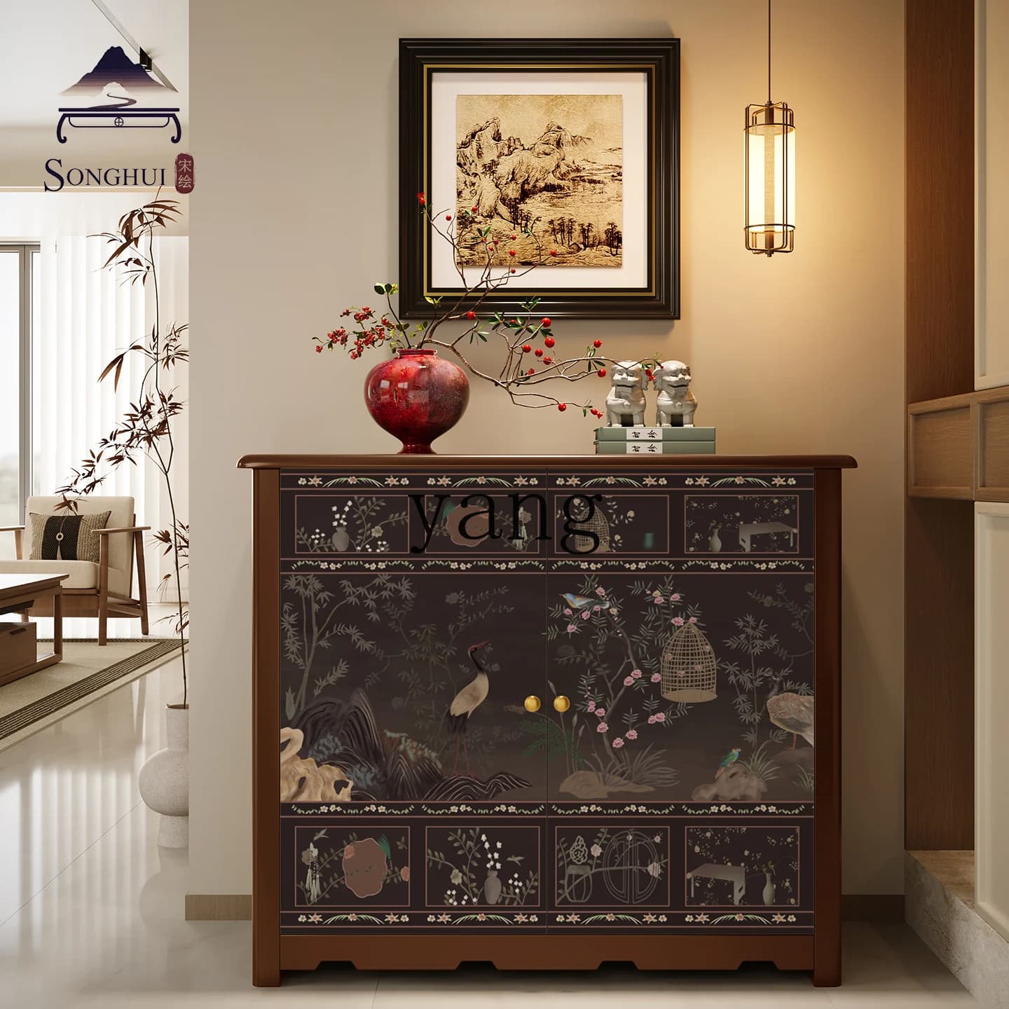 LH new Chinese-style dining side cabinet integrated storage against the wall, medium-ancient style all-solid wood side cabinet