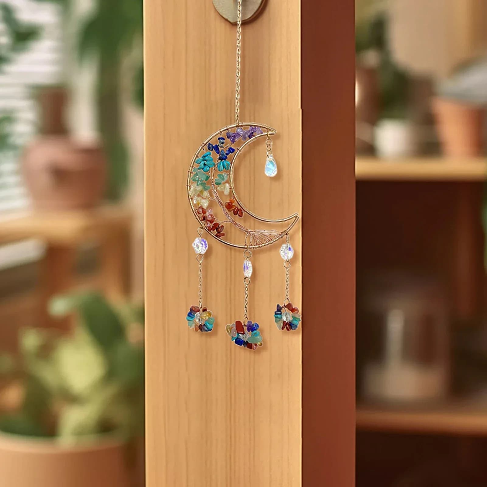 Moon-Shaped Crystal Hanging Ornament for Wall Window, Handmade Sun Catcher with Colorful Reflections, 35cm Decor for Home Car