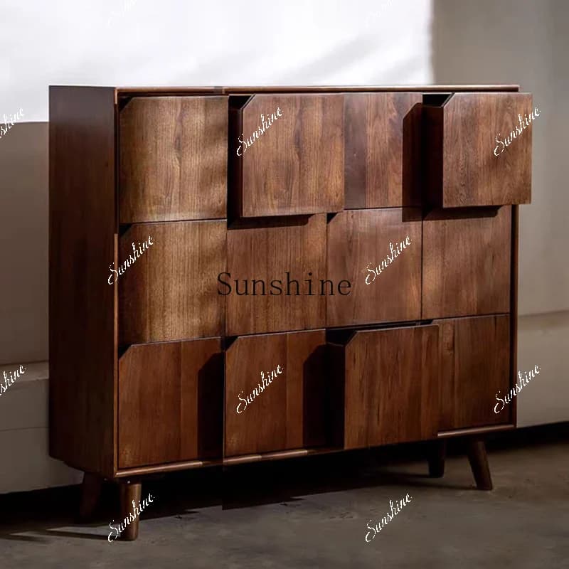 Nordic black walnut solid wood nine-chest cabinet storage living room against the wall light luxury storage retro drawer  FT