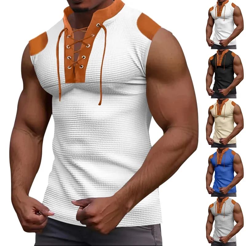 European and American Amazon Summer New Men's Colored Tie up V-neck Tank Top Casual Sleeveless T-shirt