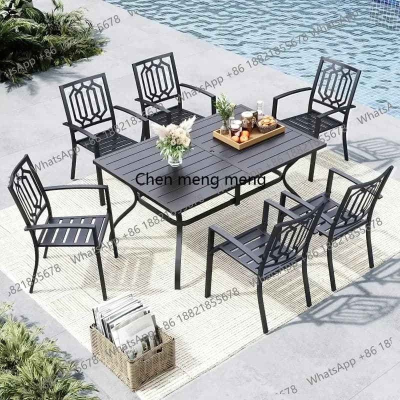 RR Outdoor Dining Set for 6, Patio Table and Chairs Set with Umbrella Hole, 7 Piece Metal Patio Furniture Set for Deck, Customiz