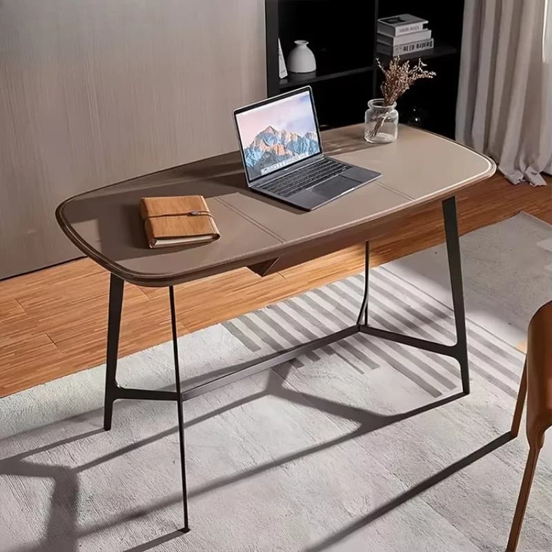 French Modern Style Veneer Wood Desk and Saddle Leather Chair Set for Home Office and Apartment