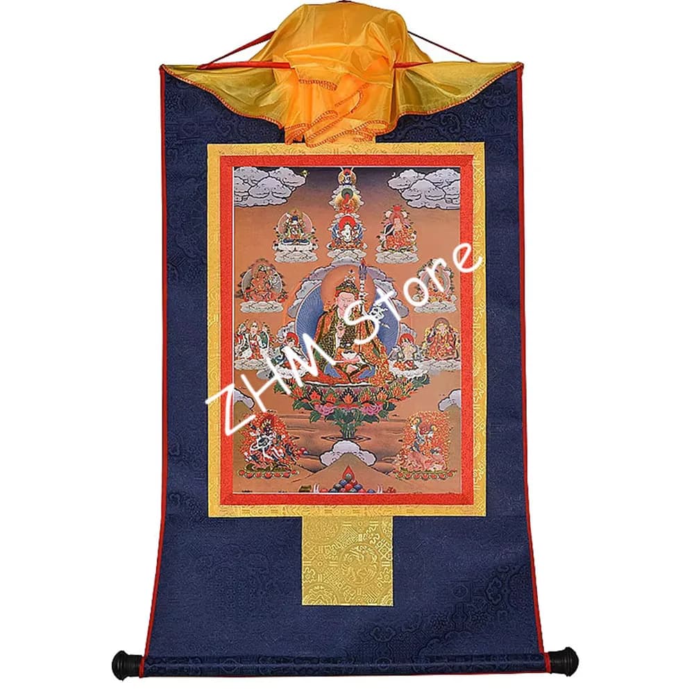 Tibetan Tangka Gold Print Buddhist Lotus Eight Buddha Painted Figurine Home/Temple/Living Room Hanging Dragon Decorate Craft