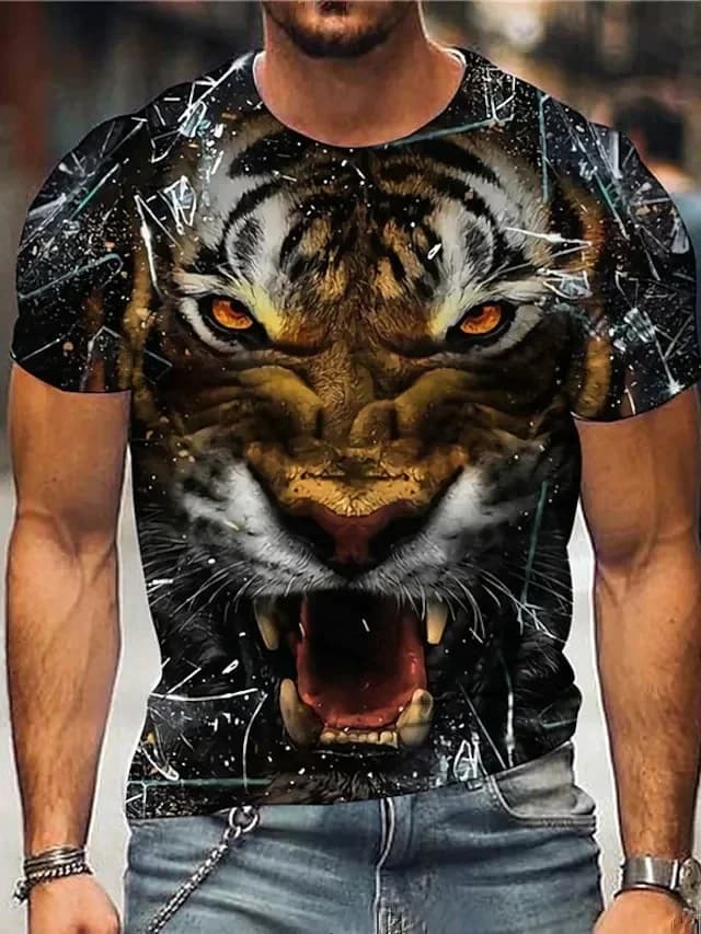 Summer Men's Printed Casual Crew Neck Short Sleeve T-Shirt Lion Tiger Eagle Wolf 3D Printed T Shirt