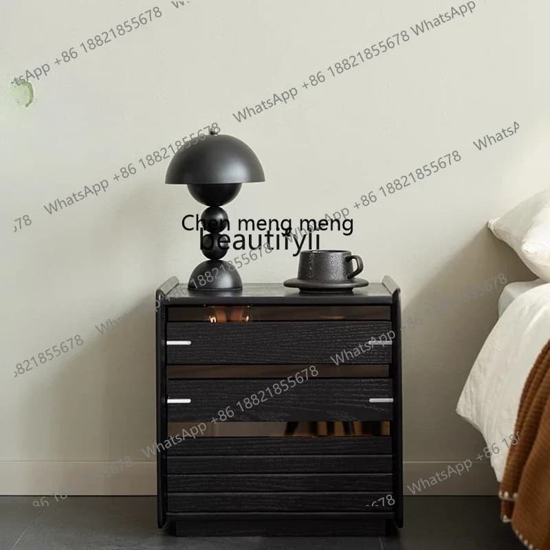 cc182Italian minimalist solid wood bedside table, bedroom home black, ultra-narrow crevice storage, locker R