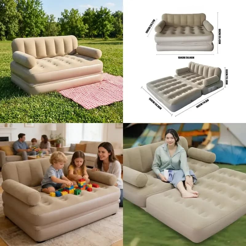 Custom Flocking PVC Self Inflating Inflatable Double Sofa Portable Folding Air Sofa Bed for Outdoor Camping