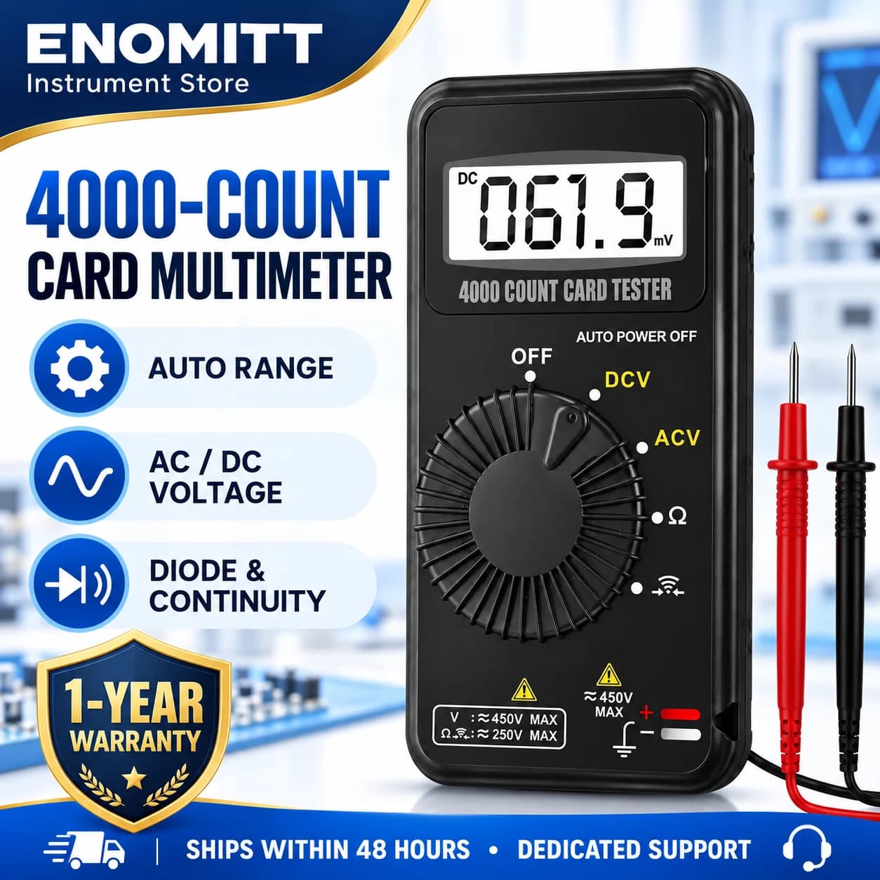 Digital Multimeter,Pocket Voltmeter Ohmmeter Measuring AC&DC Voltage Resistance Continuity Buzzer Diode Test, Auto Ranging Card