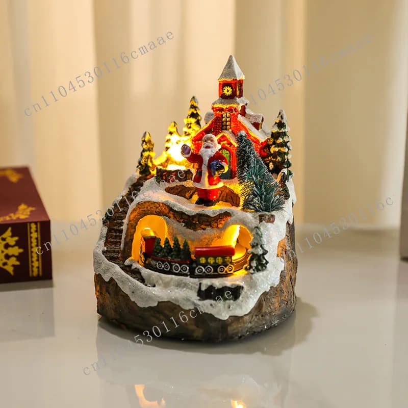 A variety of Christmas rotating resin luminous music box ornaments, rotating small train decorations