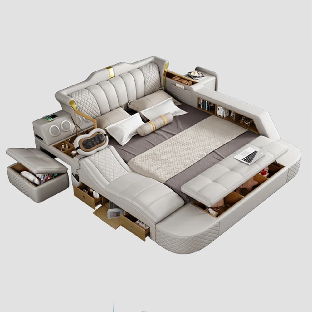 MINGDIBAO Tech Smart Bed 2 People Genuine Leather King Size Bed Frame with Massage, USB, Bluetooth Speaker, Wireless Charge,Safe