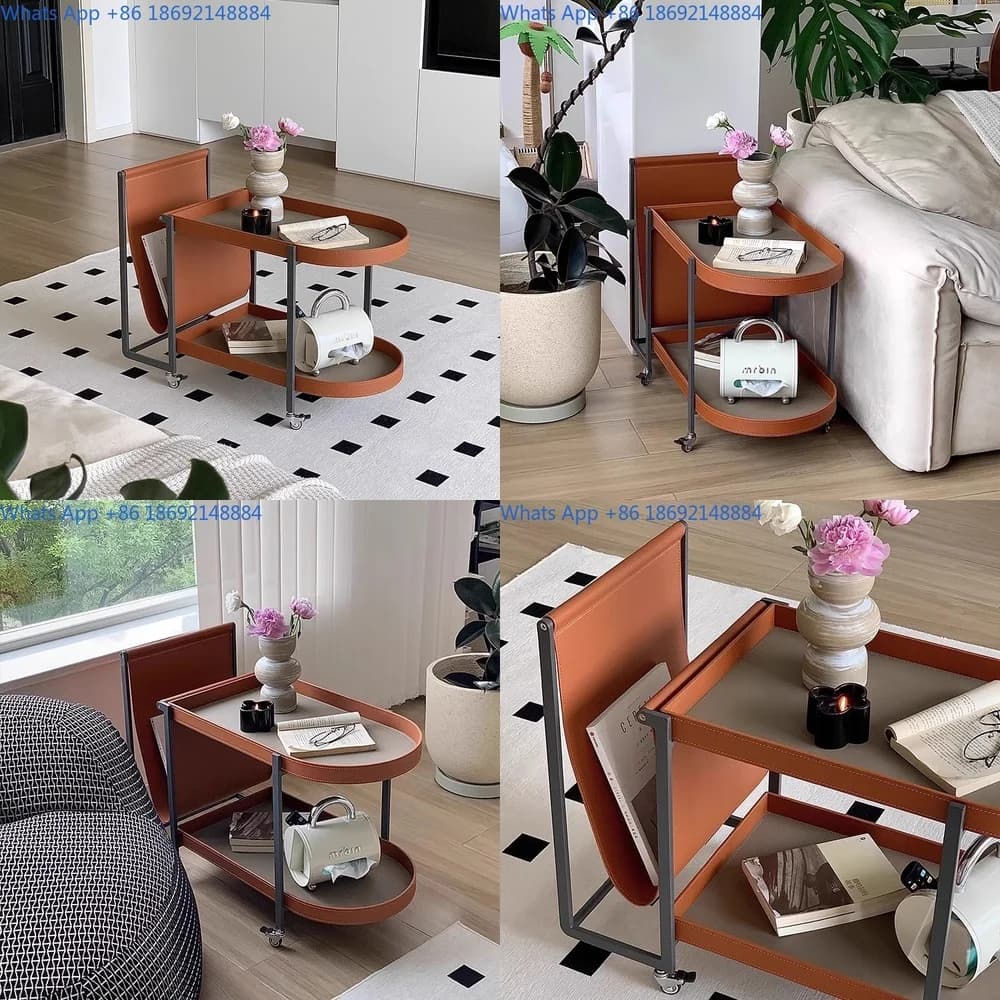 Minimalist Saddle Leather Mobile Dining Cart for Living Room Balcony Coffee Side Table Modern Small Corner Trolley