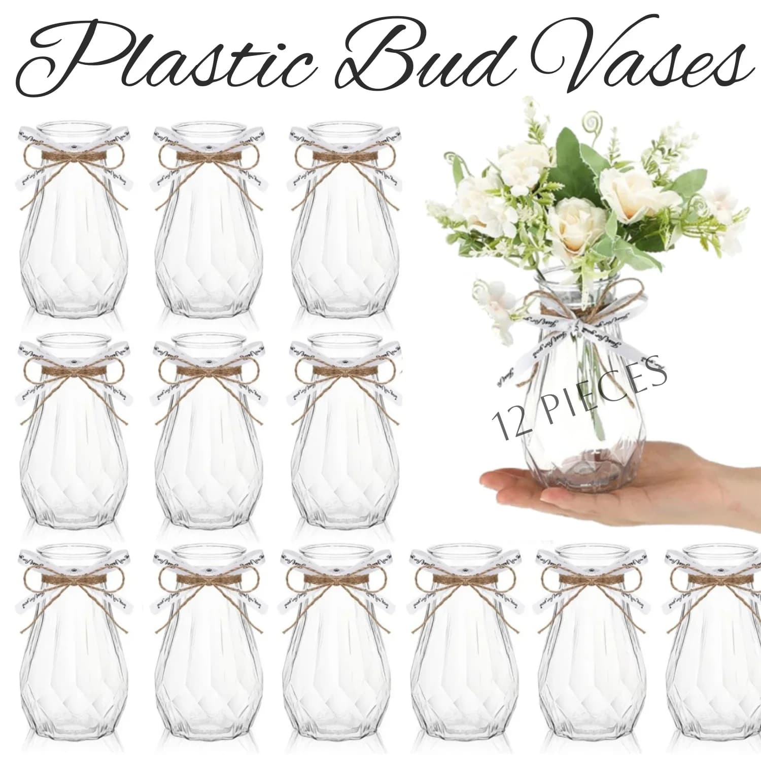 12Pcs Plastic Bud Vases in Bulk with Gift Wrapping Ribbon Small Vases for Flower Wedding Table Centerpieces Party Home Decor