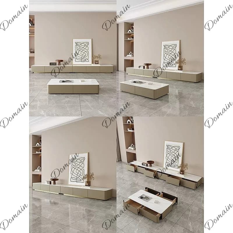 Italian Luxury Marble Saddle Leather Long TV Stand Coffee Table Storage Cabinet for Living Room