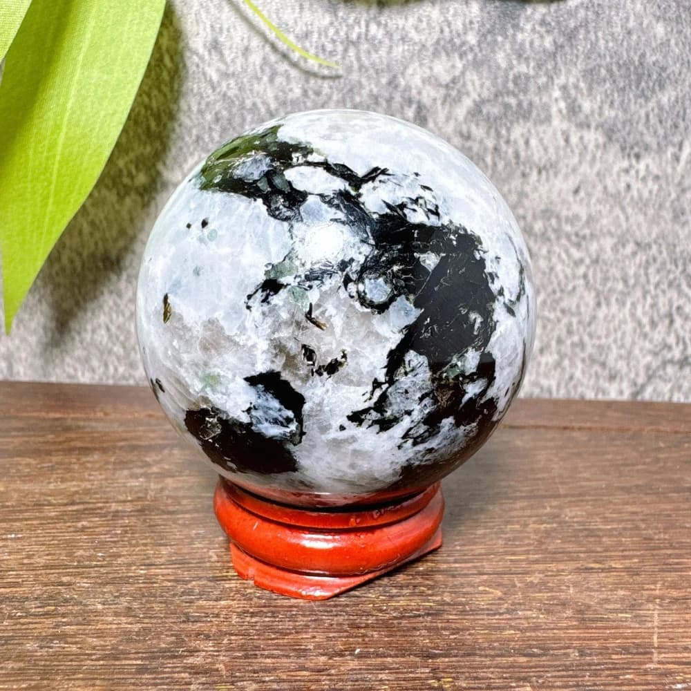 Natural Gemstone Ball Blue Shimmer Moonstone Black Tourmaline Symbiosis Crystal Healing Decorative Home Room FengShui Spiritual